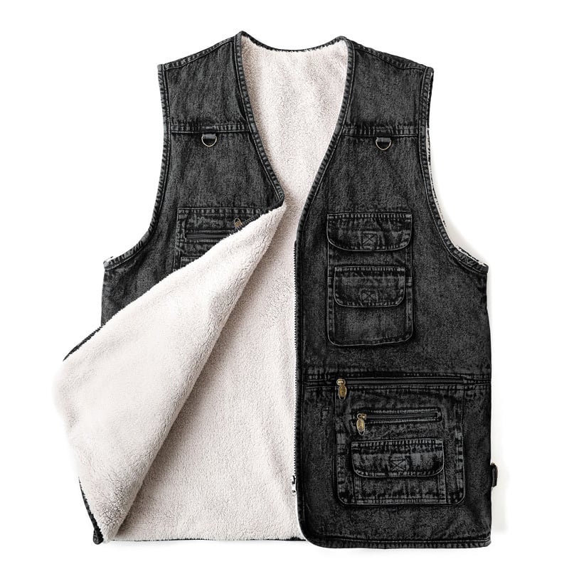 Fekete denim mellény férfiaknak, kültéri viselet, több zsebbel, 7XL