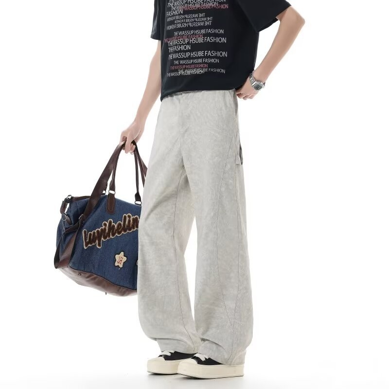 Férfi nyár–tavasz casual nadrágok, széles szabású, retro-stílusú, mindennapi sportos nadrág