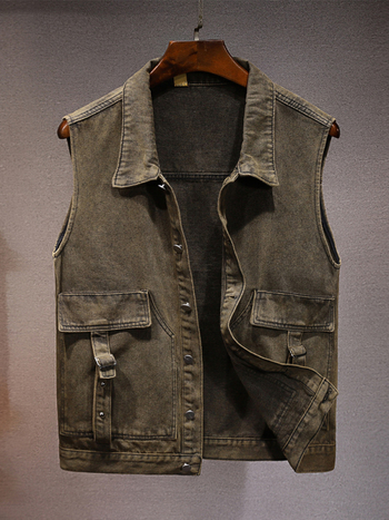 Férfi denim mellény lazított szabású, patch zsebekkel, négy évszakos viselet