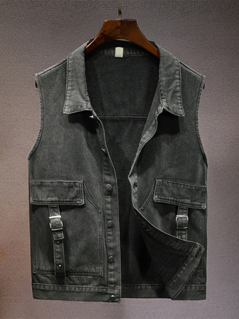 Férfi denim mellény lazított szabású, patch zsebekkel, négy évszakos viselet