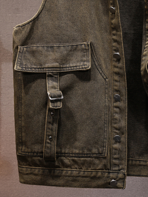 Férfi denim mellény lazított szabású, patch zsebekkel, négy évszakos viselet