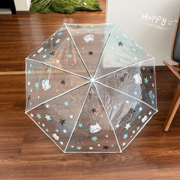 Umbrelă transparentă verde mentă cu pisicuță – stil desen animat, protecție solară, pliabilă, deschidere automată, utilizare dublă pentru copii și elevi