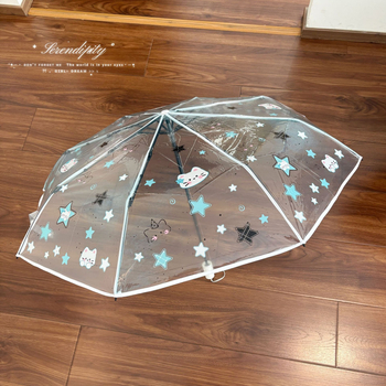 Umbrelă transparentă verde mentă cu pisicuță – stil desen animat, protecție solară, pliabilă, deschidere automată, utilizare dublă pentru copii și elevi