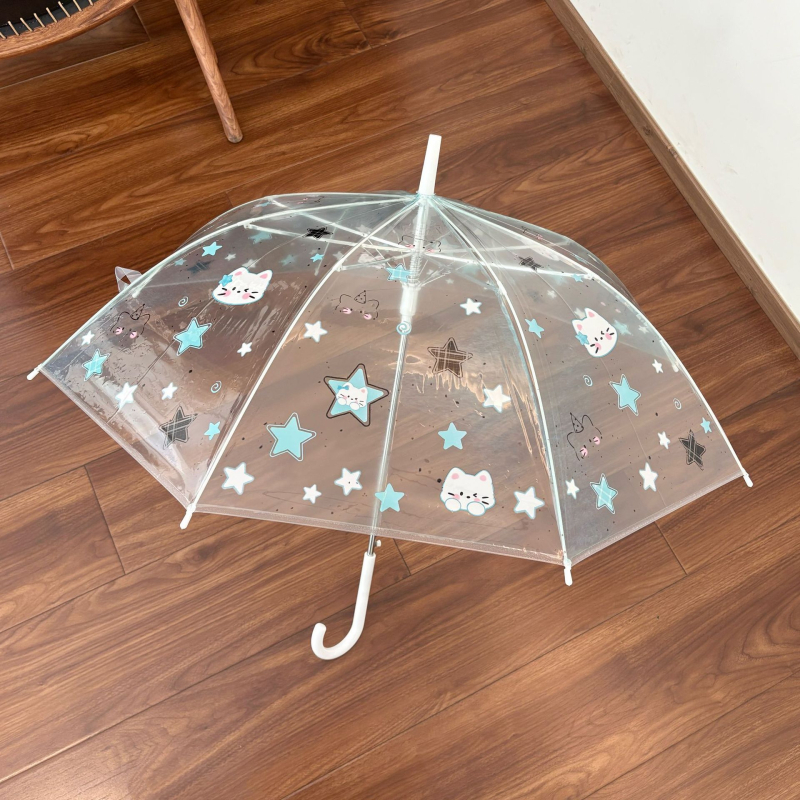 Umbrelă transparentă verde mentă cu pisicuță – stil desen animat, protecție solară, pliabilă, deschidere automată, utilizare dublă pentru copii și elevi