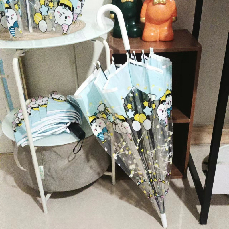 Umbrelă pliabilă transparentă pentru copii, cu mâner lung, design desen animat, automată