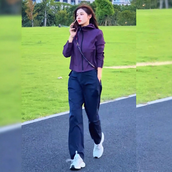 Fialový plus-size dvojdielny set s mikinou, dlhé rukávy, na začiatok jesene, všestranná kolekcia 2025 jar-jeseň
