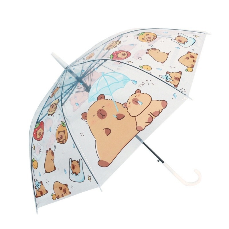 Umbrelă transparentă cu desen animat, 21 inch, manuală, pliabilă, design capibara, ramă cu 8 spițe