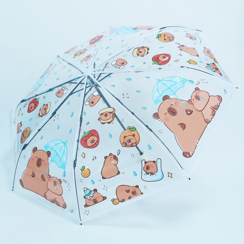 Umbrelă transparentă cu desen animat, 21 inch, manuală, pliabilă, design capibara, ramă cu 8 spițe