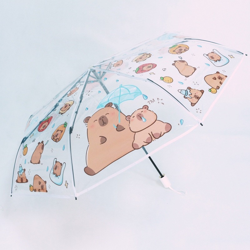 Umbrelă transparentă cu desen animat, 21 inch, manuală, pliabilă, design capibara, ramă cu 8 spițe