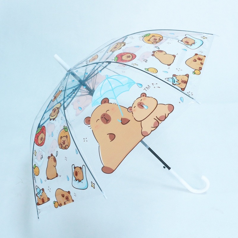 Umbrelă transparentă cu desen animat, 21 inch, manuală, pliabilă, design capibara, ramă cu 8 spițe