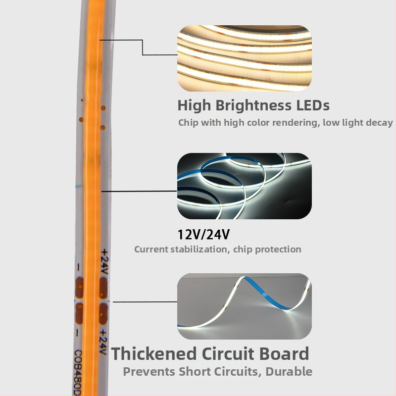Niskonaponska COB LED traka, 12V/24V, samoljepljiva silikonska linearna rasvjeta za unutarnje osvjetljenje dnevnog boravka