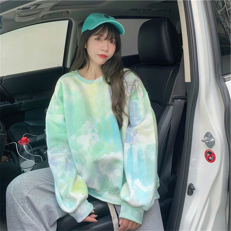Ženski pulover s flisom i tie-dye uzorkom, širok kroj, okrugli izrez, dugi rukavi, jesen-zima 2023