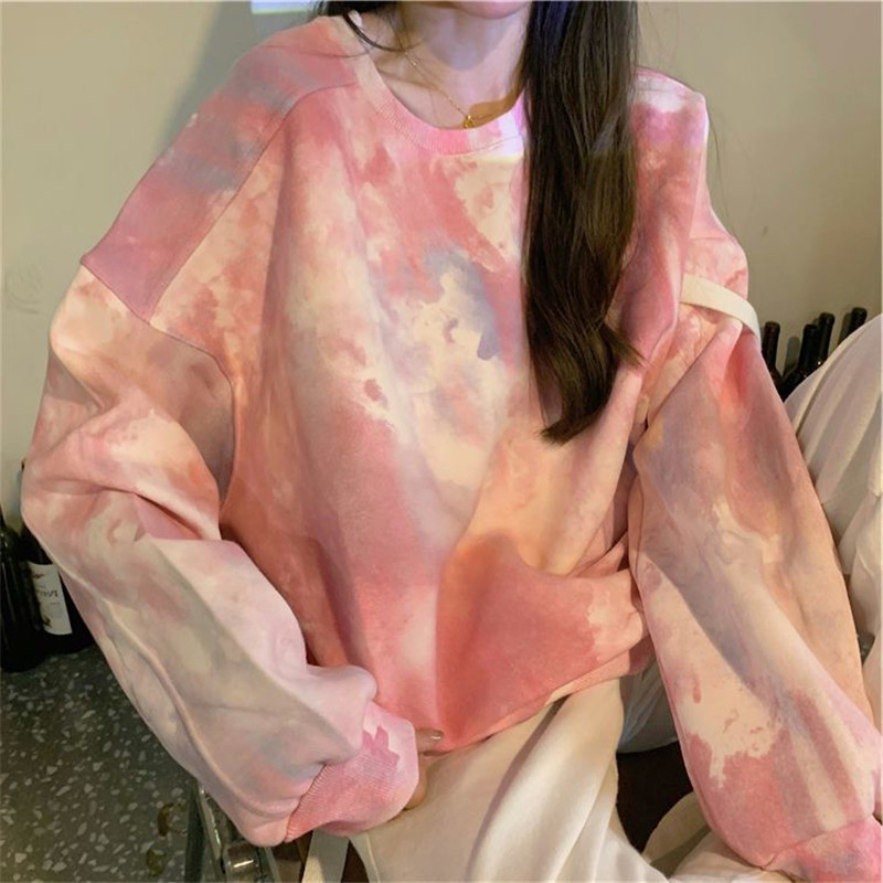 Ženski pulover s flisom i tie-dye uzorkom, širok kroj, okrugli izrez, dugi rukavi, jesen-zima 2023