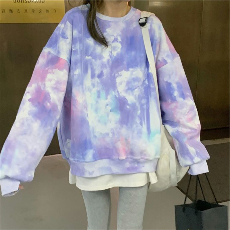 Ženski pulover s flisom i tie-dye uzorkom, širok kroj, okrugli izrez, dugi rukavi, jesen-zima 2023