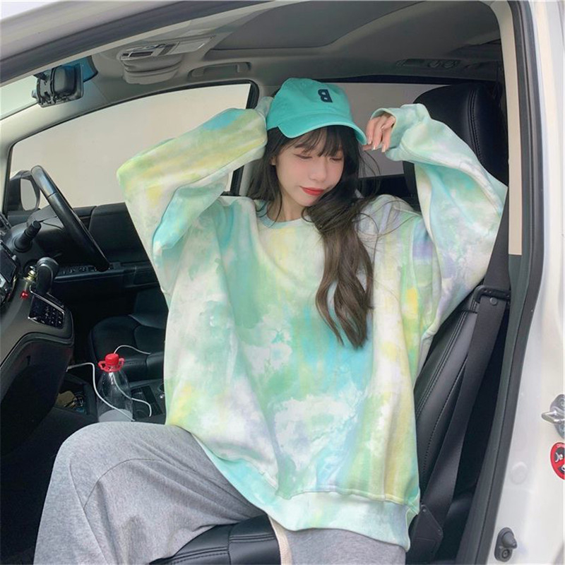 Ženski pulover s flisom i tie-dye uzorkom, širok kroj, okrugli izrez, dugi rukavi, jesen-zima 2023