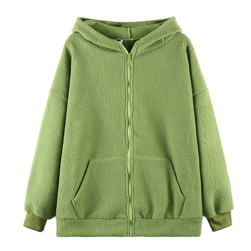 Ženska dukserica s kapuljom i ušima medvjeda od lamb fleece materijala, širok kroj, zatvarač