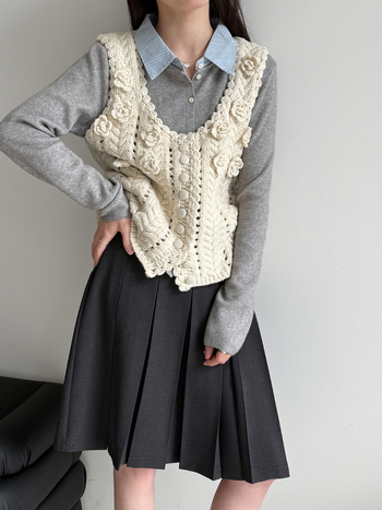 Női műszálas kötött kardigán, imitált kétrészes patchwork, színblokkok, ing gallér, laza szabás, 2026 tavasz, SS980