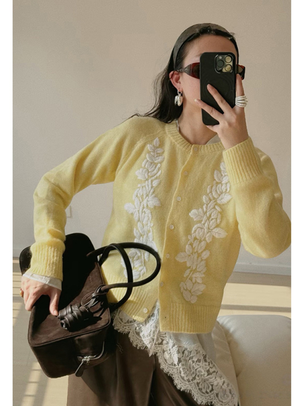Angora gyapjúból készült kardigán, francia retro színblokkal, 3D virágos hímzéssel, virágos mintázat, laza szabás, raglán ujjú, kerek nyakú, középhosszú, 1280