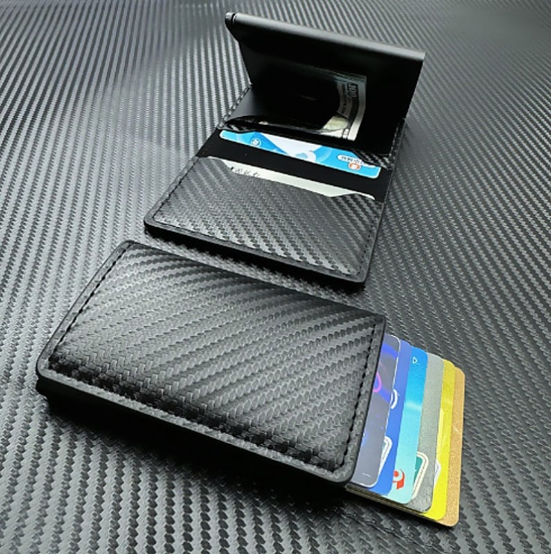 Ανδρικό πορτοφόλι RFID με εμφάνιση ανθρακονημάτων, προστασία από κλοπή, πολλαπλά διαμερίσματα για κάρτες