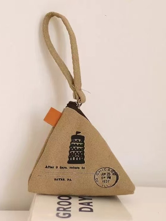 Toranj oblika platneni novčanik za kovanice s retro geometrijskim uzorkom, kompaktni mini pretinac za novčiće i ključeve