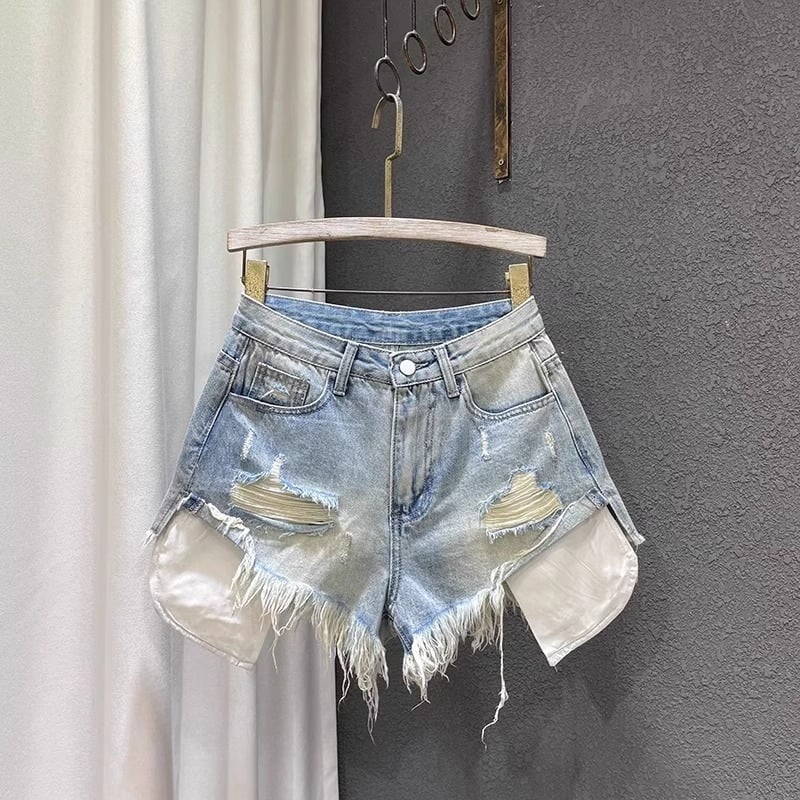 Șort din denim cu talie înaltă, culoare deschisă, design cu rupturi, croială A-line, picioare largi, pentru femei
