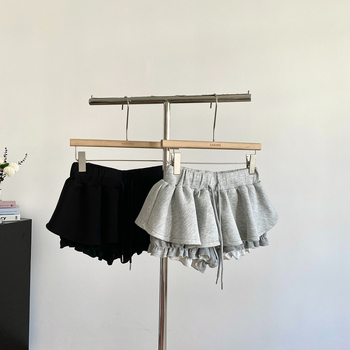 Korejski stil, moda protiv starenja, 2026 crna visoko elastična struk, kopča i veza, A-linija, nafuknute kratke culotte hlače za žene