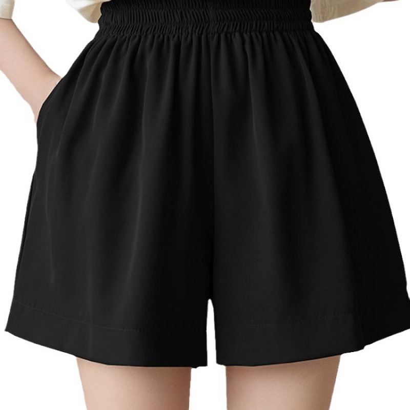 Ženske šorc od Ice Silk chiffon za ljeto 2023, visokim strukom, širokim krojem, s džepovima, lagani materijal