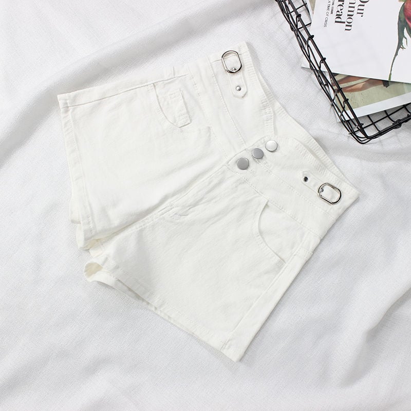 Női magas derekú farmer-short, elasztikus, három sor gombbal záródó, karcsúsító, lazább szabás, nyári viselet
