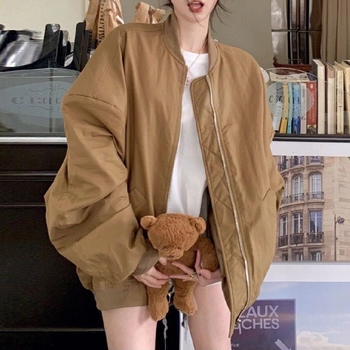 Ženska oversize retro baseball jakna s patentnim zatvaračem, stojeći ovratnik, dugi rukavi, jednobojna, urbano hipsterski stil