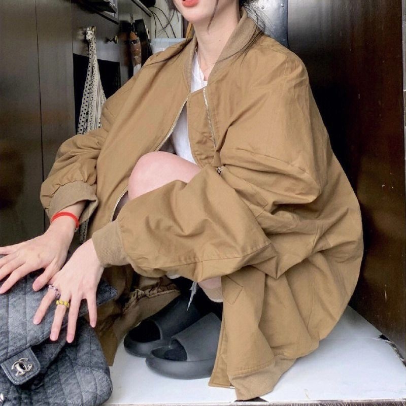 Ženska oversize retro baseball jakna s patentnim zatvaračem, stojeći ovratnik, dugi rukavi, jednobojna, urbano hipsterski stil