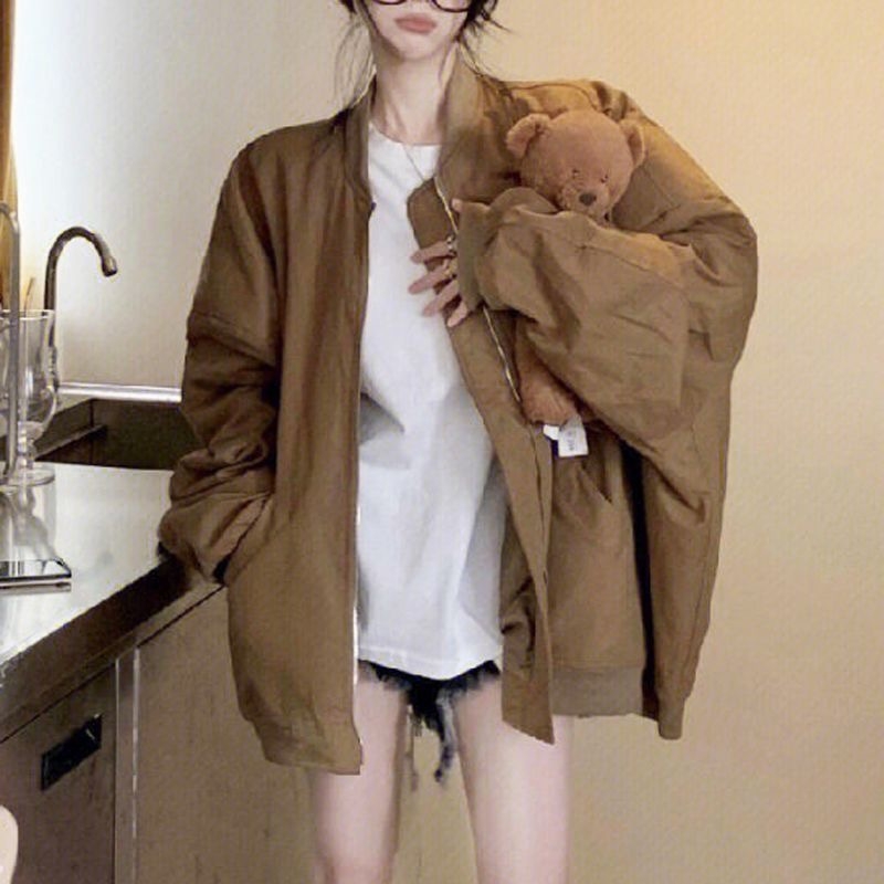 Ženska oversize retro baseball jakna s patentnim zatvaračem, stojeći ovratnik, dugi rukavi, jednobojna, urbano hipsterski stil