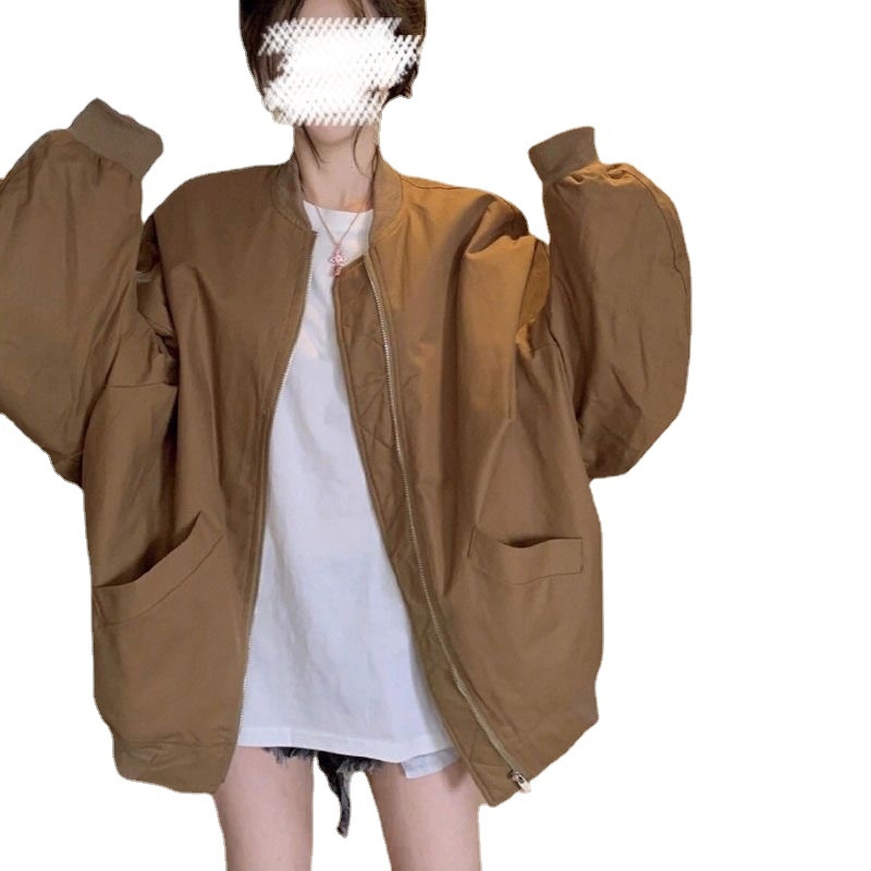 Ženska oversize retro baseball jakna s patentnim zatvaračem, stojeći ovratnik, dugi rukavi, jednobojna, urbano hipsterski stil