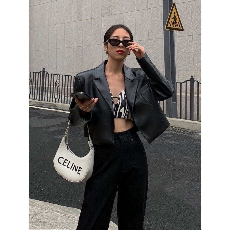 HUYIFAN Γυναικείο μαύρο PU δερμάτινο μπουφάν μοτοσικλέτας, κοντό, χαλαρή γραμμή, φθινόπωρο 2022