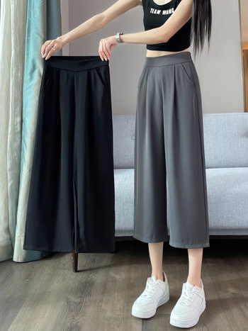 Damske ljetne tanke cropped hlačice s visokim strukom, širokim nogavicama, drapirani ravni kroj, casual hlače