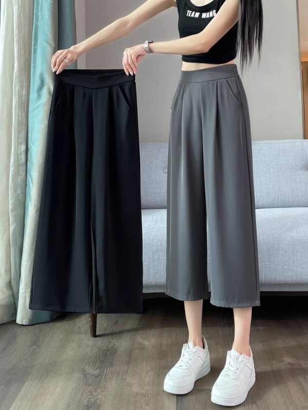 Damske ljetne tanke cropped hlačice s visokim strukom, širokim nogavicama, drapirani ravni kroj, casual hlače