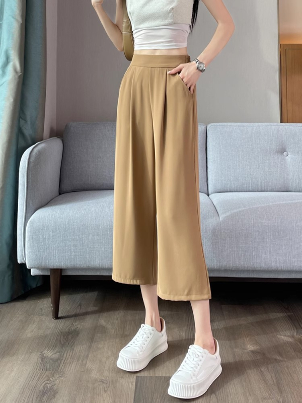Damske ljetne tanke cropped hlačice s visokim strukom, širokim nogavicama, drapirani ravni kroj, casual hlače