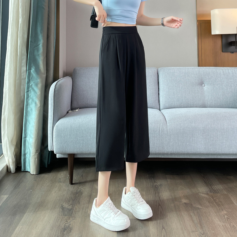 Damske ljetne tanke cropped hlačice s visokim strukom, širokim nogavicama, drapirani ravni kroj, casual hlače