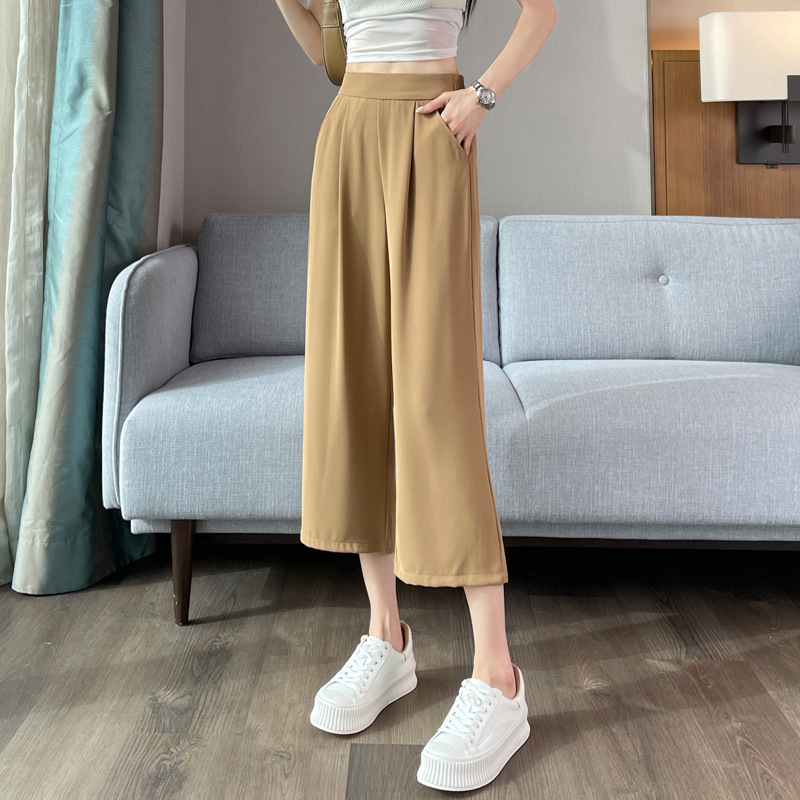 Damske ljetne tanke cropped hlačice s visokim strukom, širokim nogavicama, drapirani ravni kroj, casual hlače