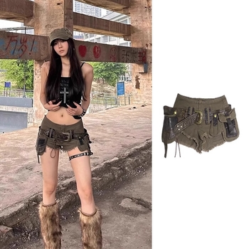 Női katonazöld denim rövidnadrág, amerikai retro stílus, nyárra, foszló szélekkel