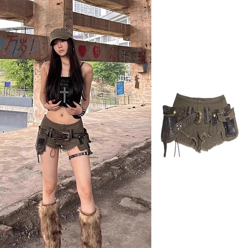 Női katonazöld denim rövidnadrág, amerikai retro stílus, nyárra, foszló szélekkel