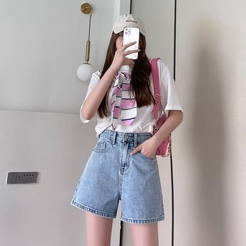 Női magas derekú denim rövidnadrág nyárra, koreai stílus, karcsúsító A-vonal, laza szabás, egyenes széles fazon