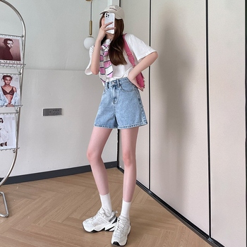 Női magas derekú denim rövidnadrág nyárra, koreai stílus, karcsúsító A-vonal, laza szabás, egyenes széles fazon