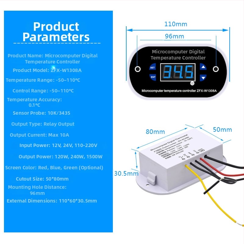 ZFX-W1308A termostat digitálny regulátor teploty, elektronický regulátor teploty, vysoká presnosť, nastaviteľný teplotný spínač