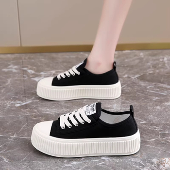 Женски черни платнени кецове с дебела подметка за повишаване на височината – класически, универсални ежедневни обувки, пролет 2026