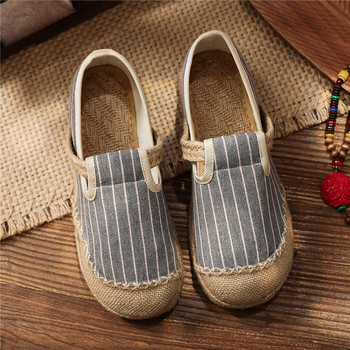 Női slip-on cipő len és pamut anyagból, csíkos mintázatú, kerek orrú, egyetemi stílusú, könnyű és lélegző