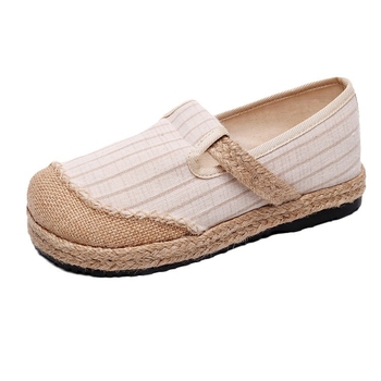 Női slip-on cipő len és pamut anyagból, csíkos mintázatú, kerek orrú, egyetemi stílusú, könnyű és lélegző