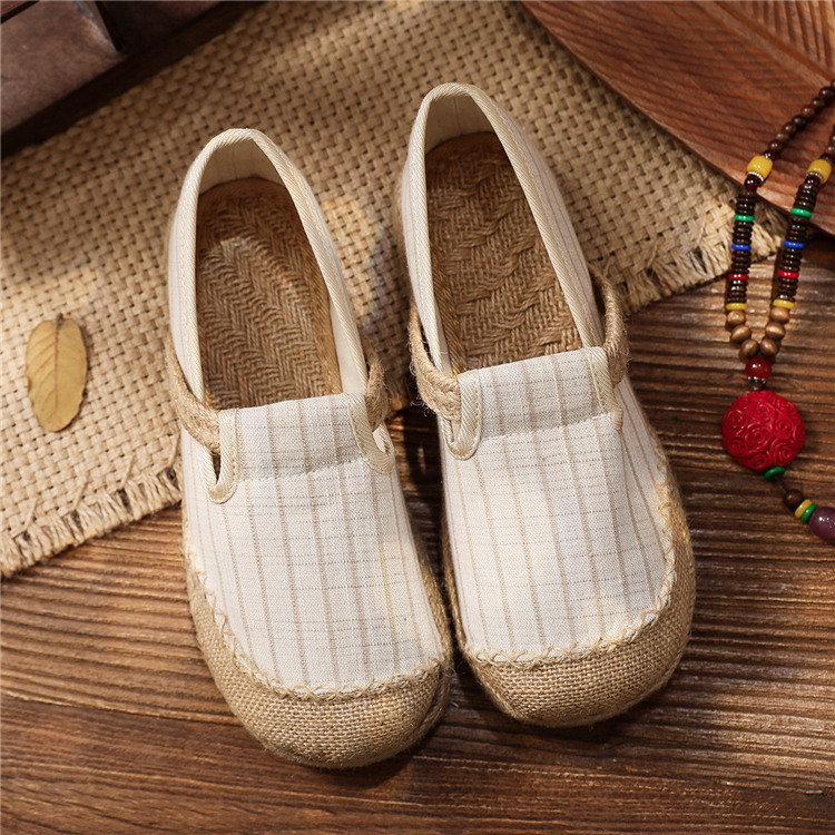 Női slip-on cipő len és pamut anyagból, csíkos mintázatú, kerek orrú, egyetemi stílusú, könnyű és lélegző