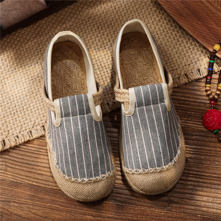 Női slip-on cipő len és pamut anyagból, csíkos mintázatú, kerek orrú, egyetemi stílusú, könnyű és lélegző