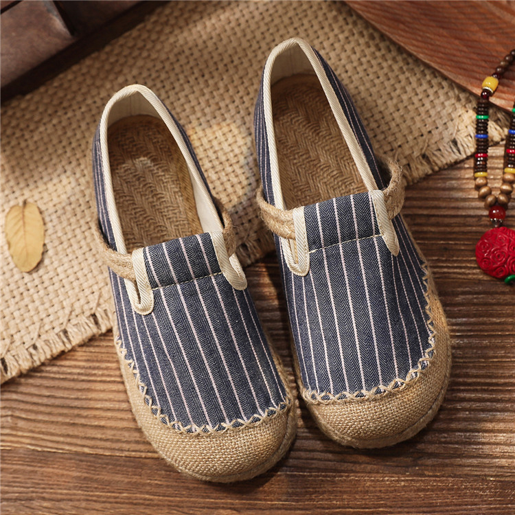 Női slip-on cipő len és pamut anyagból, csíkos mintázatú, kerek orrú, egyetemi stílusú, könnyű és lélegző