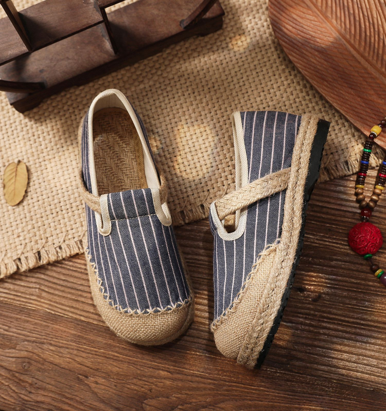Női slip-on cipő len és pamut anyagból, csíkos mintázatú, kerek orrú, egyetemi stílusú, könnyű és lélegző